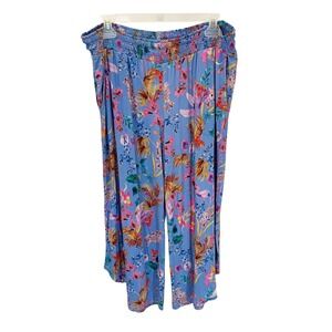 Soma Cool Nights Blue Floral Tropical Pajama Lounge Pants Wide Leg Cropped LARGE